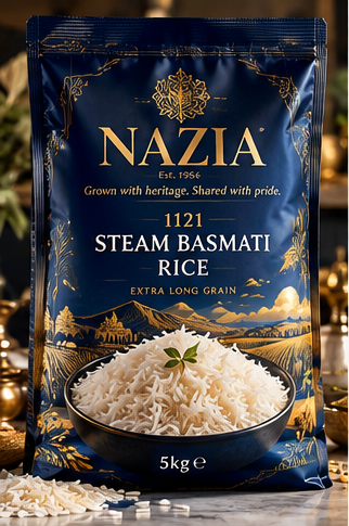NAZIA premium basmati rice collection featuring 1121 Steam Basmati Rice