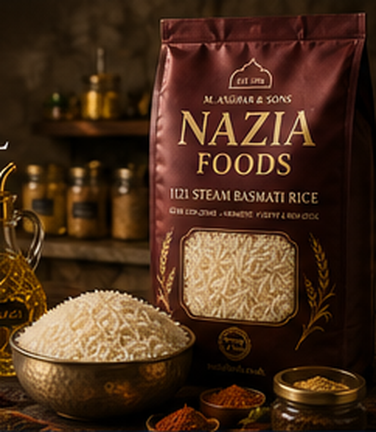 NAZIA basmati rice, brass servingware and pantry ingredients in a warm editorial setting