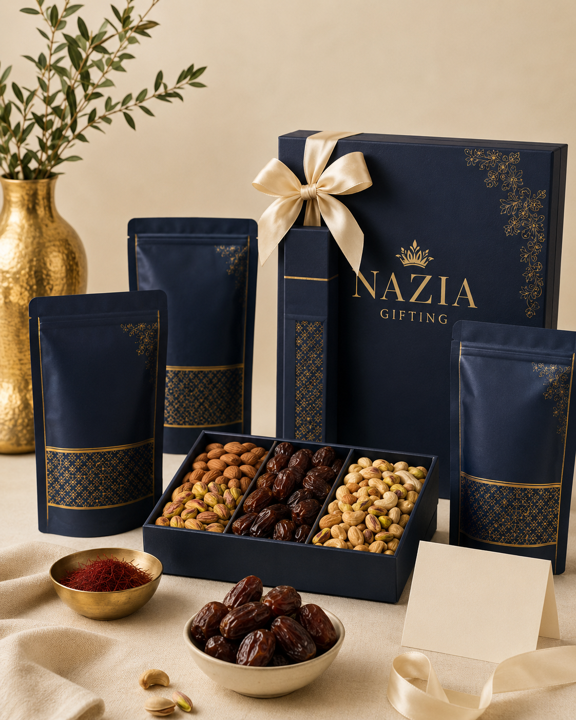 NAZIA premium gifting collection with navy gift box, dates, saffron and mixed nuts