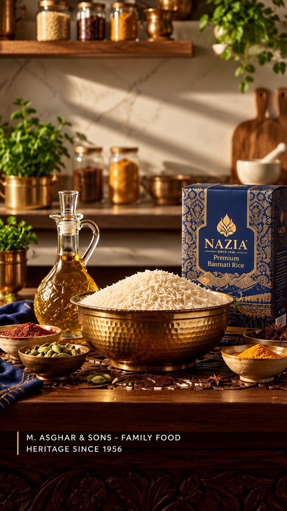 NAZIA basmati rice in a brass bowl with premium navy and gold packaging in a warm heritage kitchen