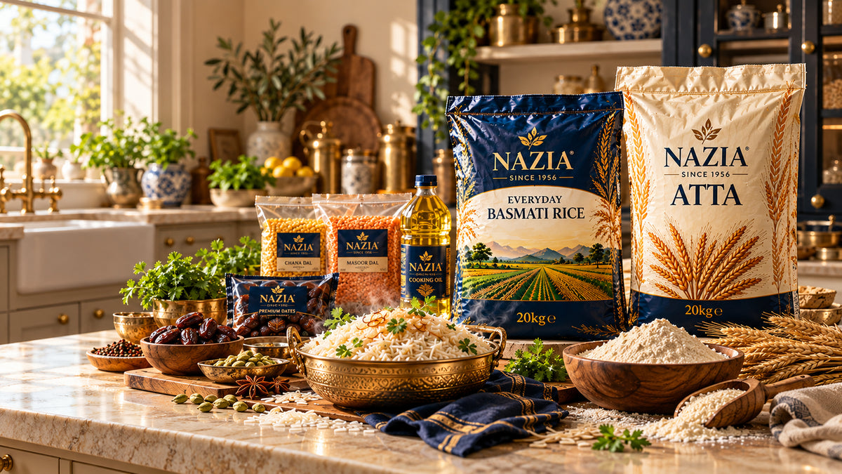 NAZIA British pantry with selected rice and pantry packaging in a warm modern kitchen