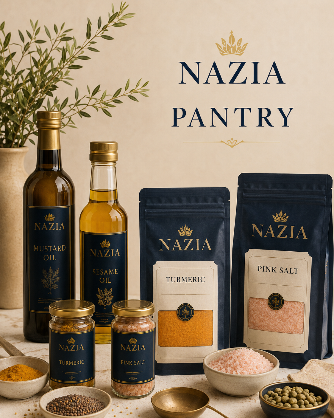 NAZIA premium pantry collection with oils, turmeric and pink salt in navy and gold packaging