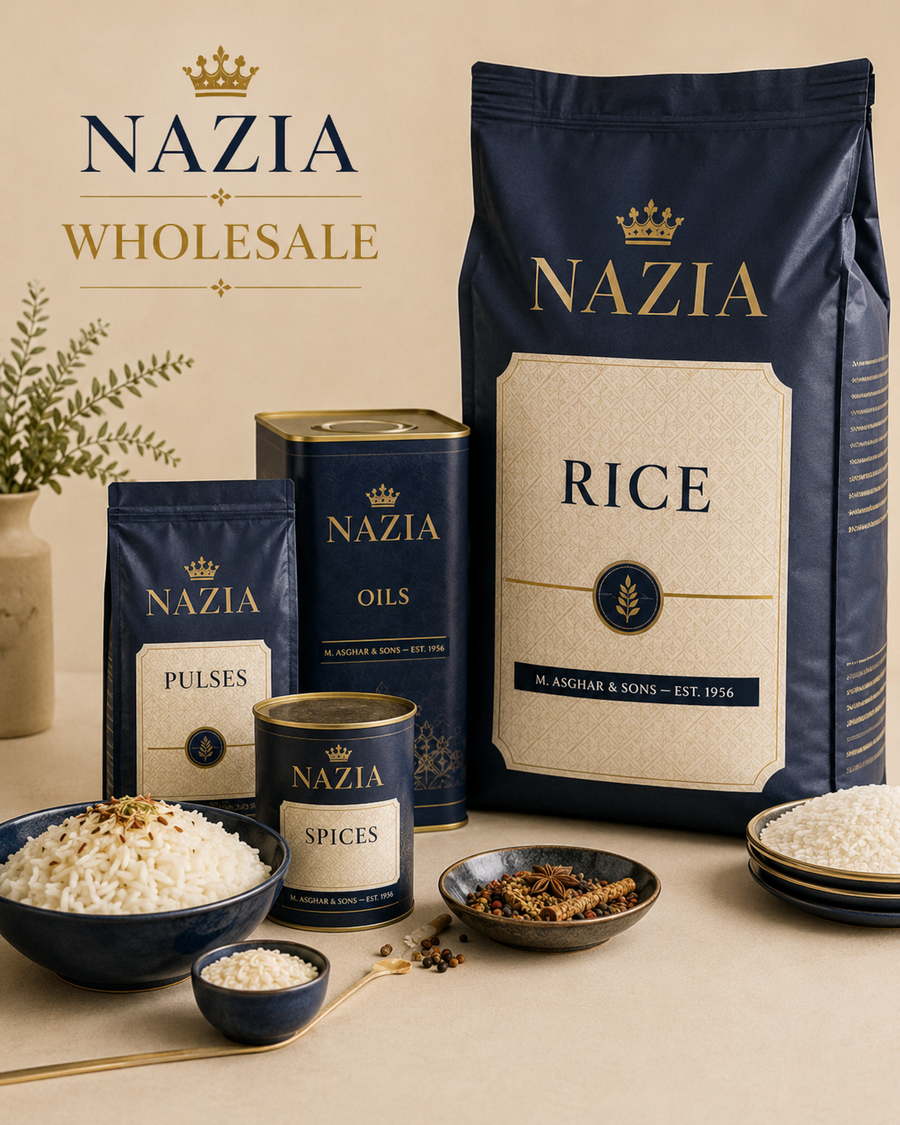 NAZIA wholesale collection with trade rice, pulses, spices and oils in navy and gold packaging
